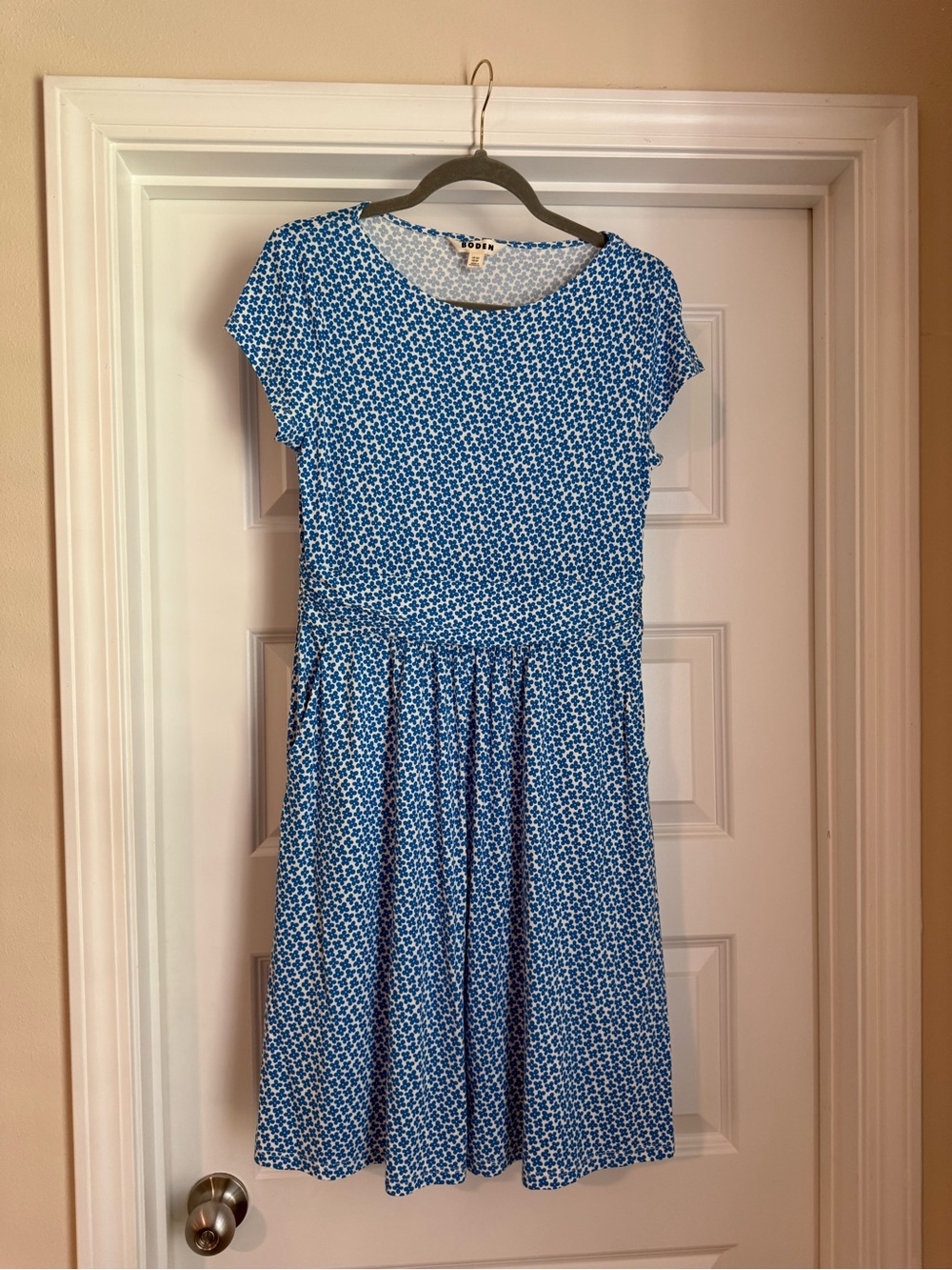 Boden Blue White Printed Short-Sleeve Fit-and-Flare Dress